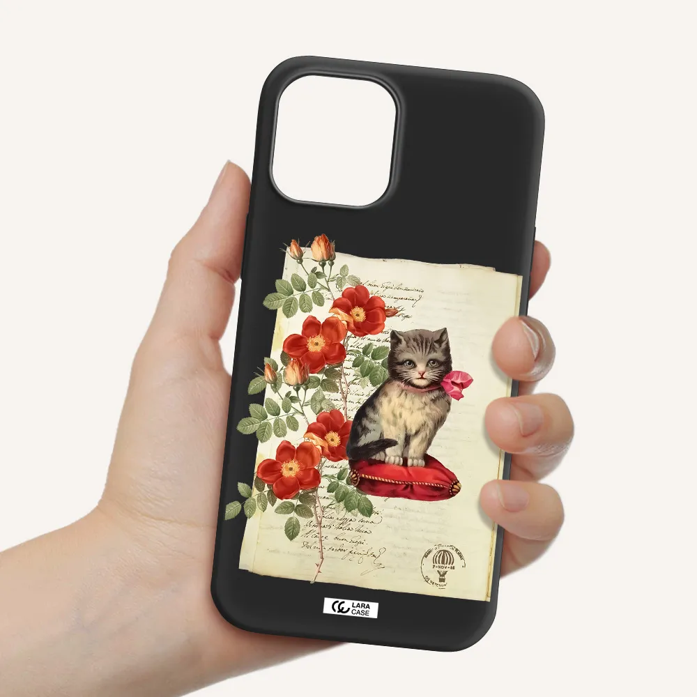 a cat on a pillow with flowers Apple iPhone 12 pro max Silicone black Case