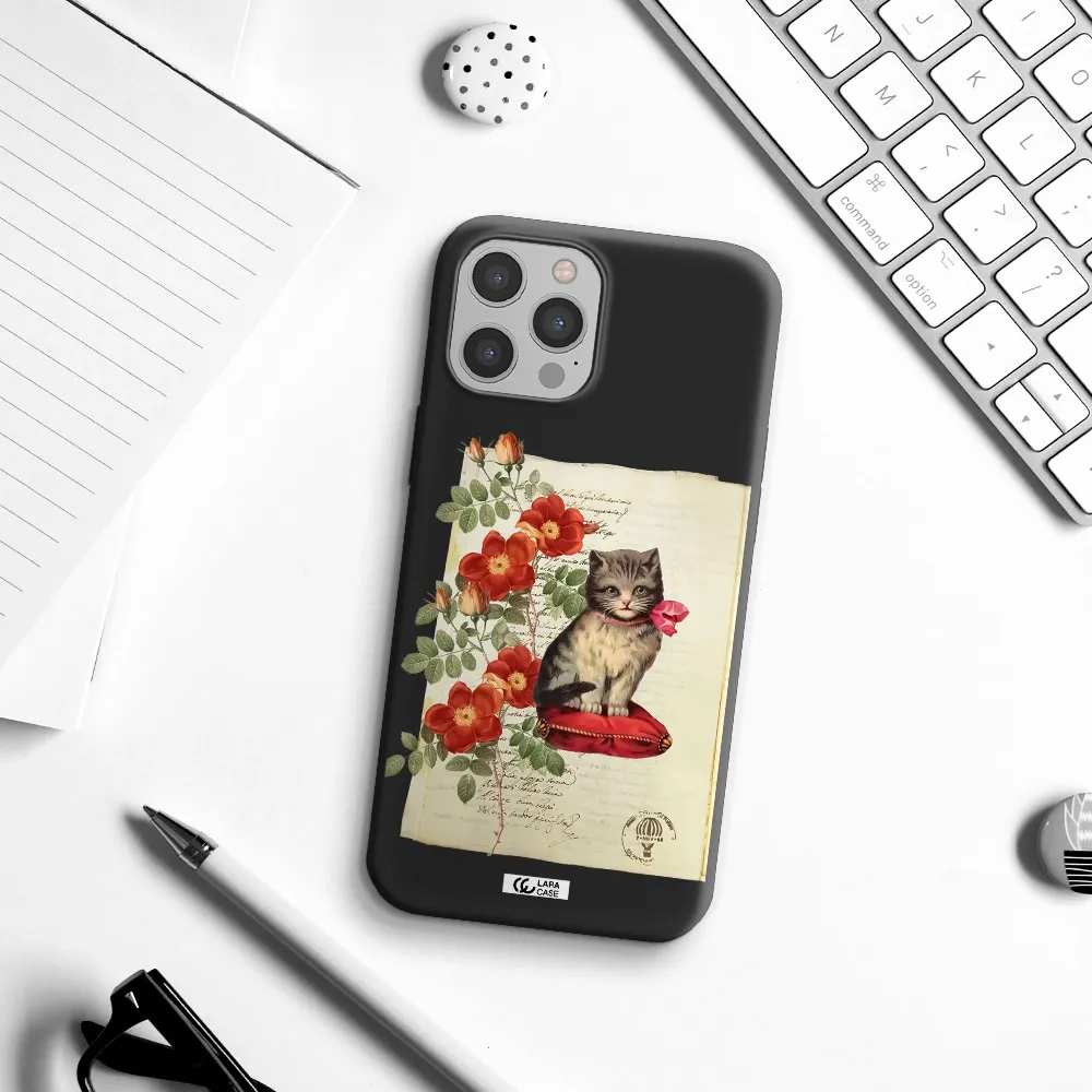 a cat on a pillow with flowers Apple iPhone 12 pro max Silicone black Case