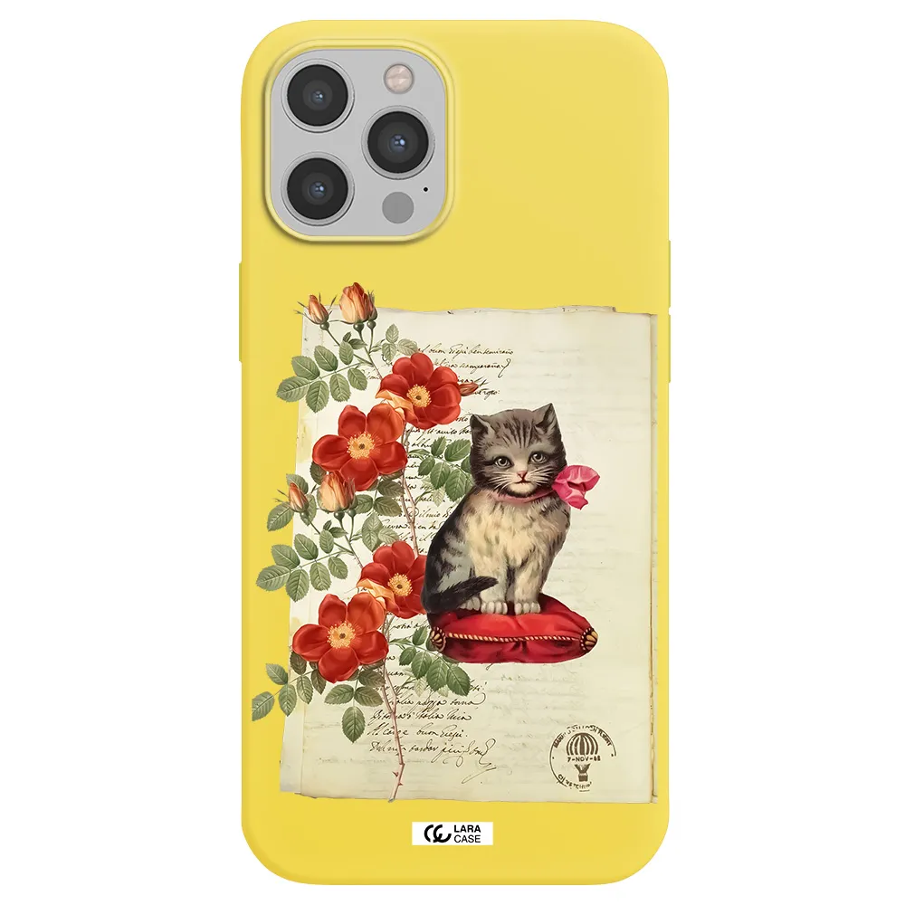 a cat on a pillow with flowers Apple iPhone 12 pro max Silicone canary yellow Case
