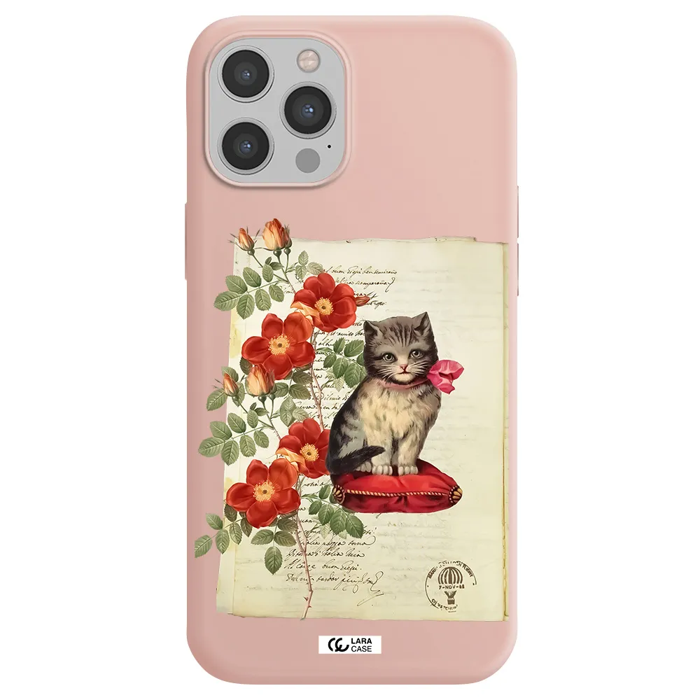 a cat on a pillow with flowers Apple iPhone 12 pro max Silicone pastel pink Case