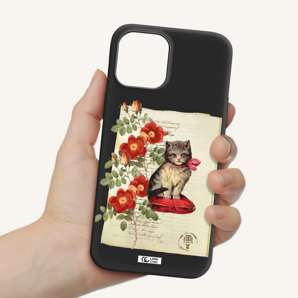 a cat on a pillow with flowers Apple iPhone 12 pro Silicone black Case