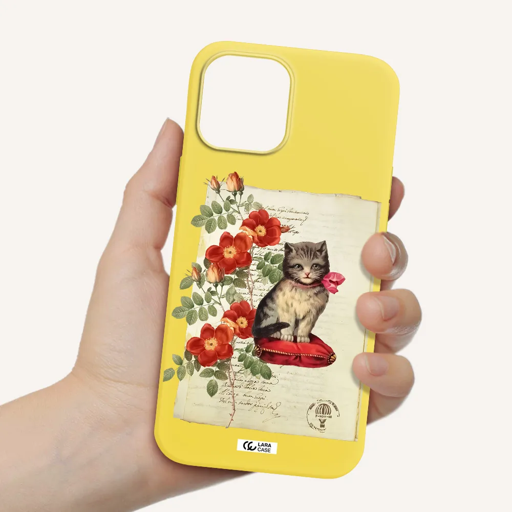 a cat on a pillow with flowers Apple iPhone 12 pro Silicone canary yellow Case