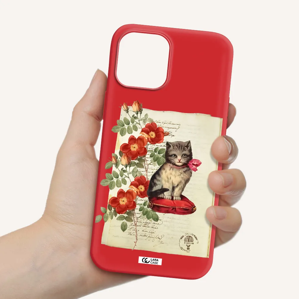 a cat on a pillow with flowers Apple iPhone 12 pro Silicone Imperial Red Case
