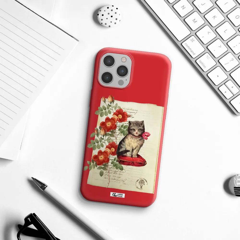 a cat on a pillow with flowers Apple iPhone 12 pro Silicone Imperial Red Case