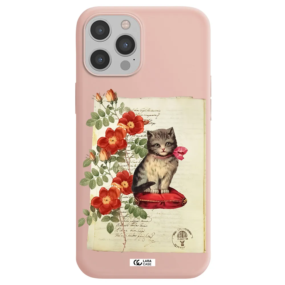 a cat on a pillow with flowers Apple iPhone 12 pro Silicone pastel pink Case
