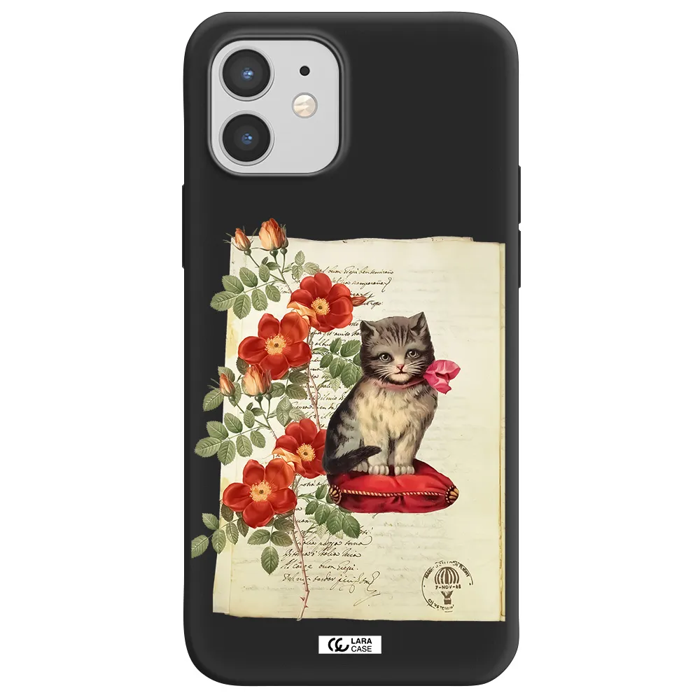 a cat on a pillow with flowers Apple iPhone 12 Silicone black Case