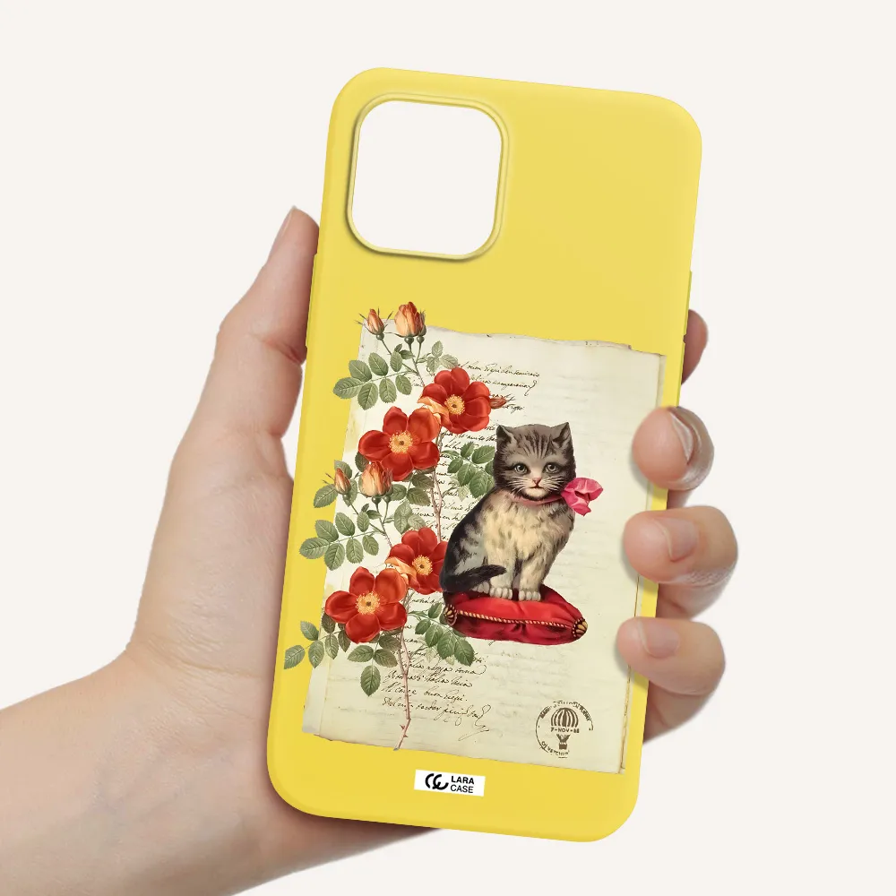 a cat on a pillow with flowers Apple iPhone 12 Silicone canary yellow Case
