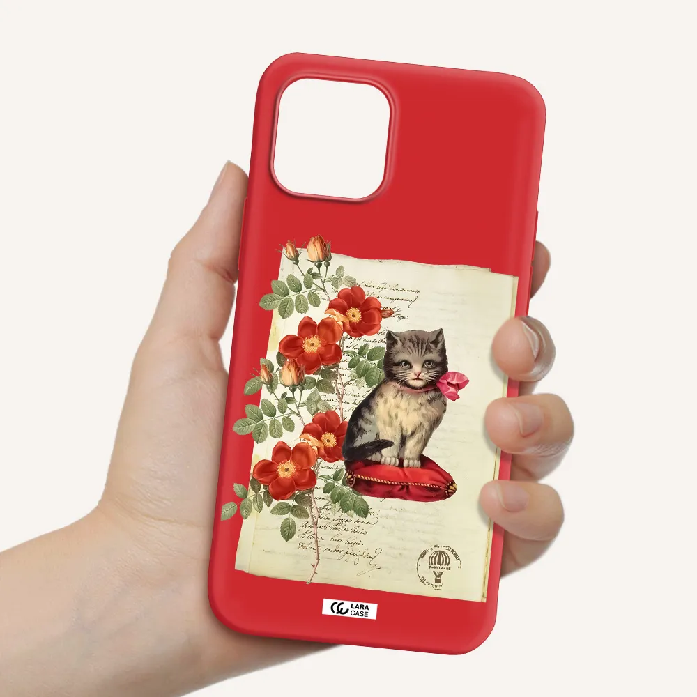 a cat on a pillow with flowers Apple iPhone 12 Silicone Imperial Red Case