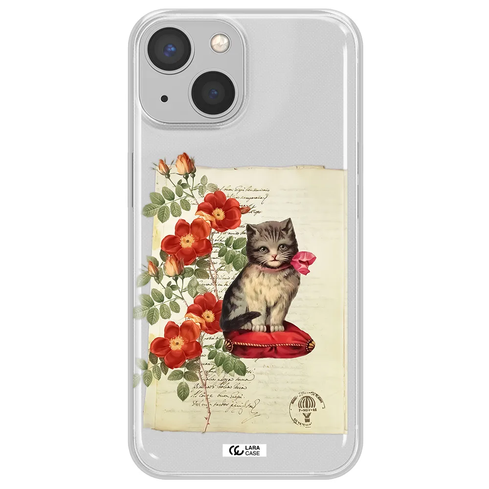 a cat on a pillow with flowers Apple iPhone 13 Clear TPU Case