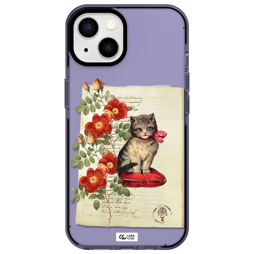 a cat on a pillow with flowers Apple iPhone 13 impact Lilac Case