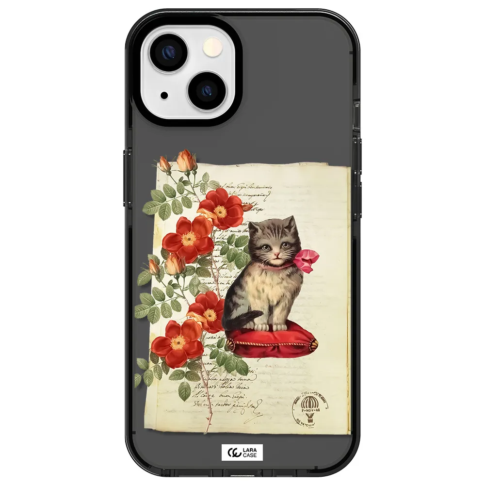 a cat on a pillow with flowers Apple iPhone 13 impact Smoke Black Case
