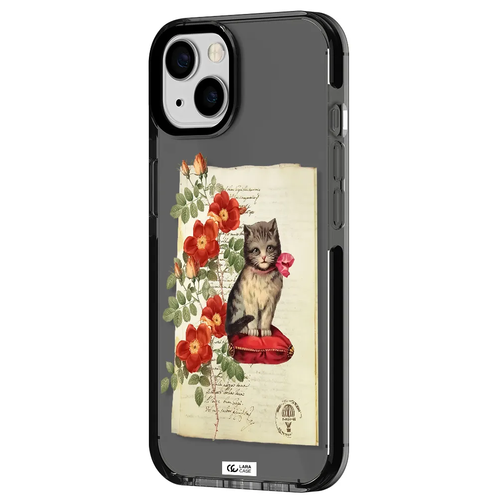 a cat on a pillow with flowers Apple iPhone 13 impact Smoke Black Case
