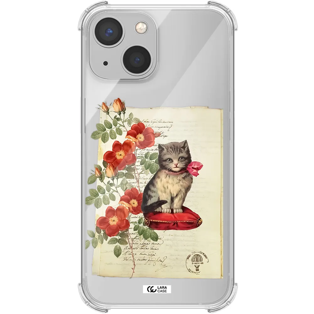 a cat on a pillow with flowers Apple iPhone 13 mini Clear PC Case