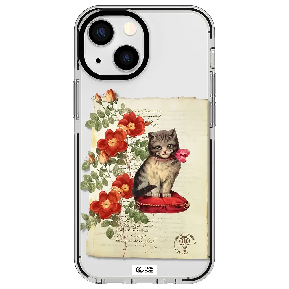 a cat on a pillow with flowers Apple iPhone 13 mini impact black border Case