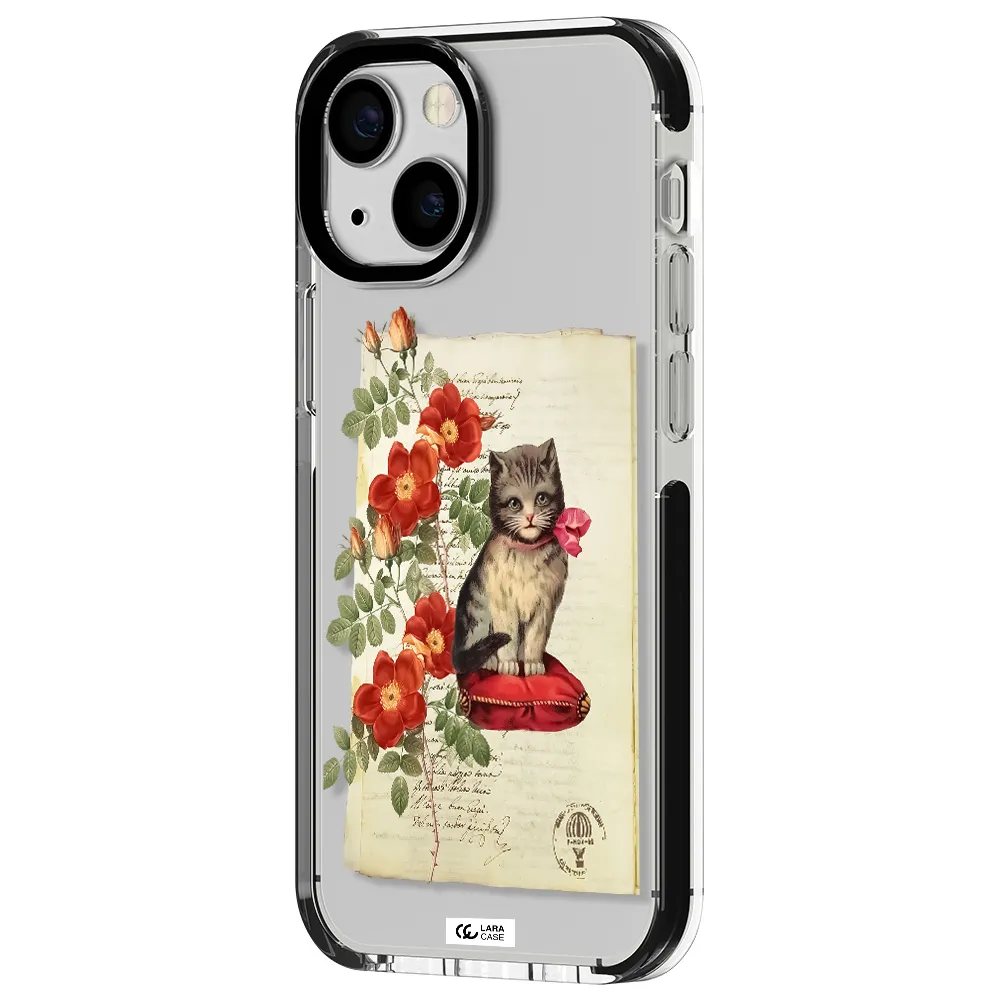 a cat on a pillow with flowers Apple iPhone 13 mini impact black border Case