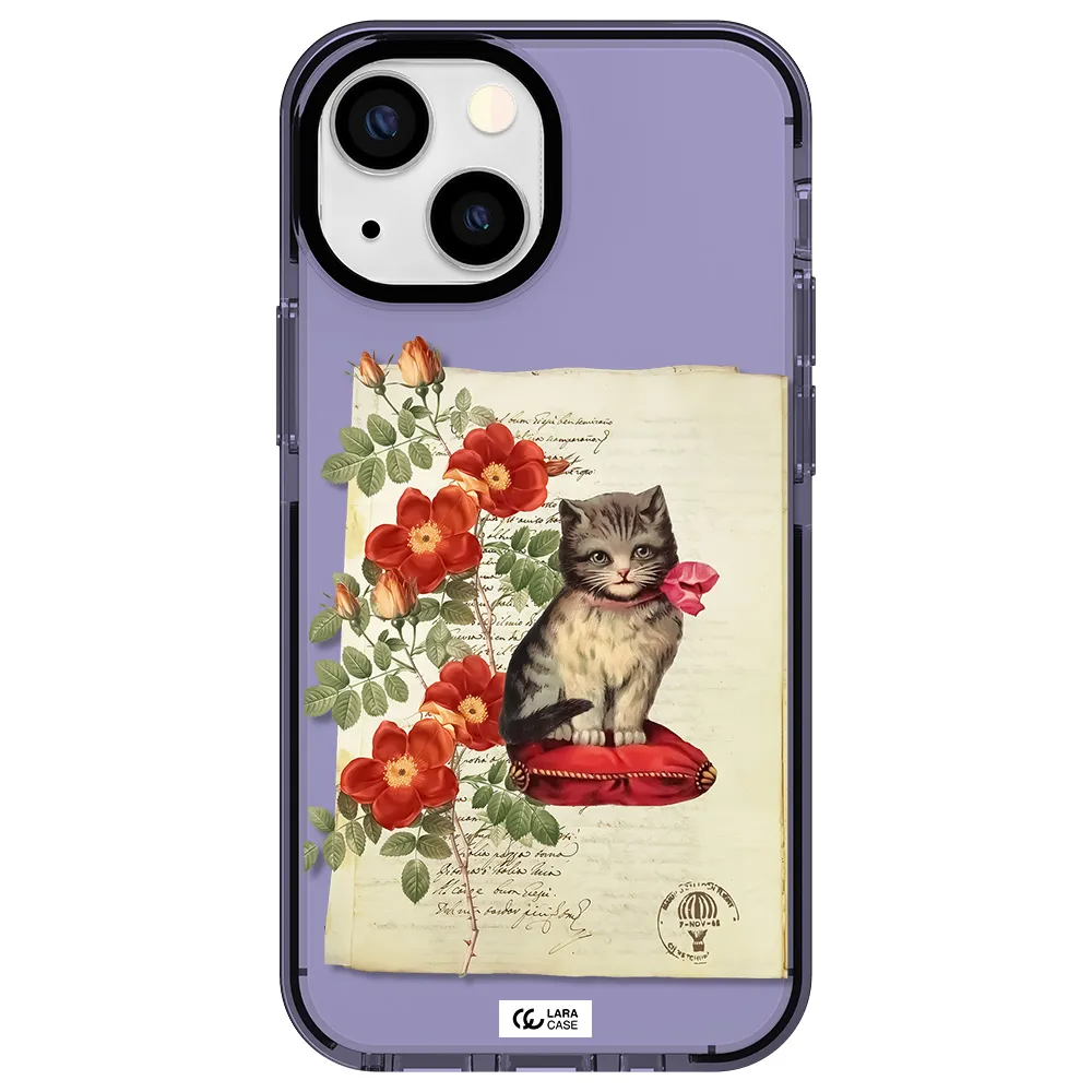 a cat on a pillow with flowers Apple iPhone 13 mini impact Lilac Case