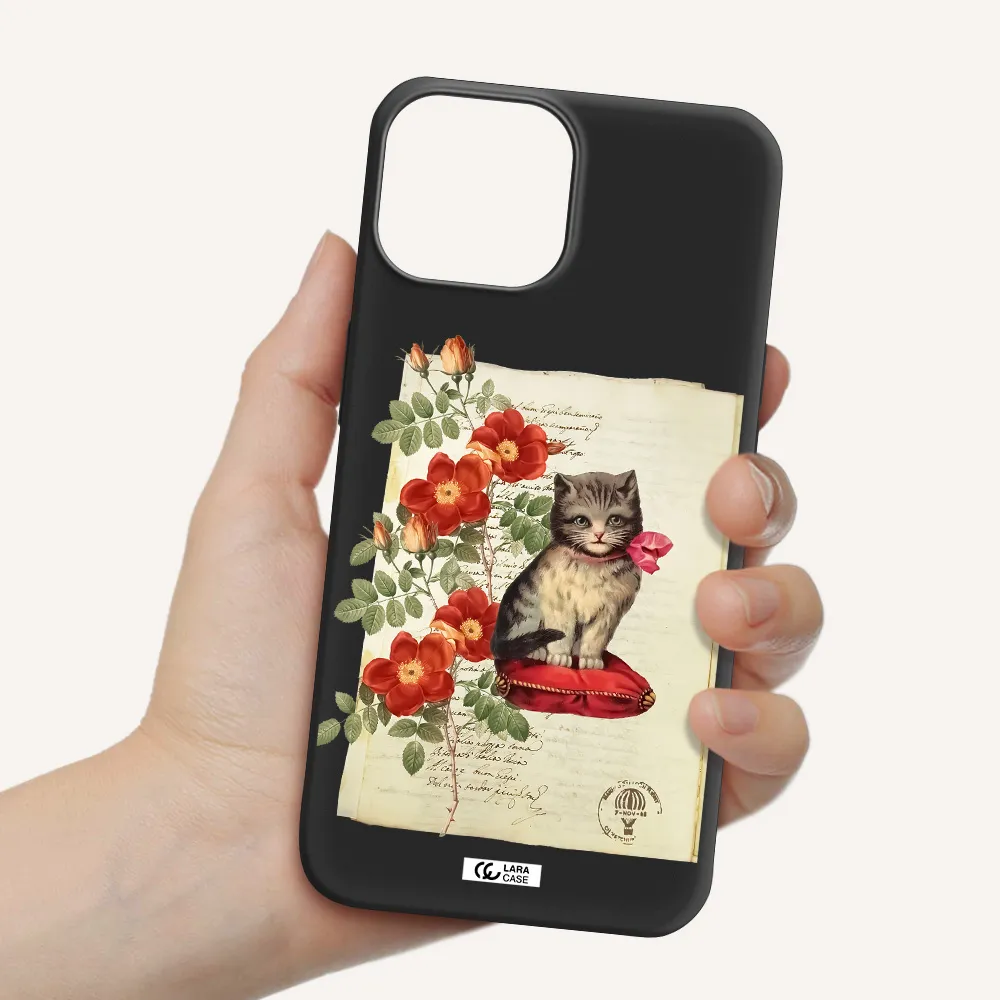 a cat on a pillow with flowers Apple iPhone 13 mini Silicone black Case
