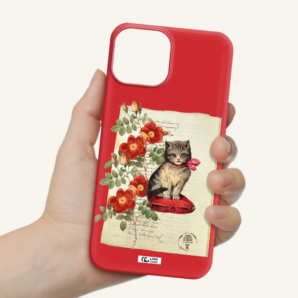 a cat on a pillow with flowers Apple iPhone 13 mini Silicone Imperial Red Case