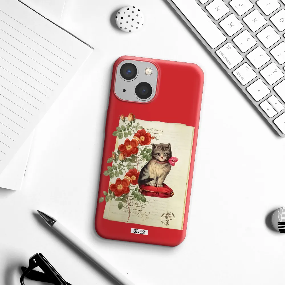 a cat on a pillow with flowers Apple iPhone 13 mini Silicone Imperial Red Case