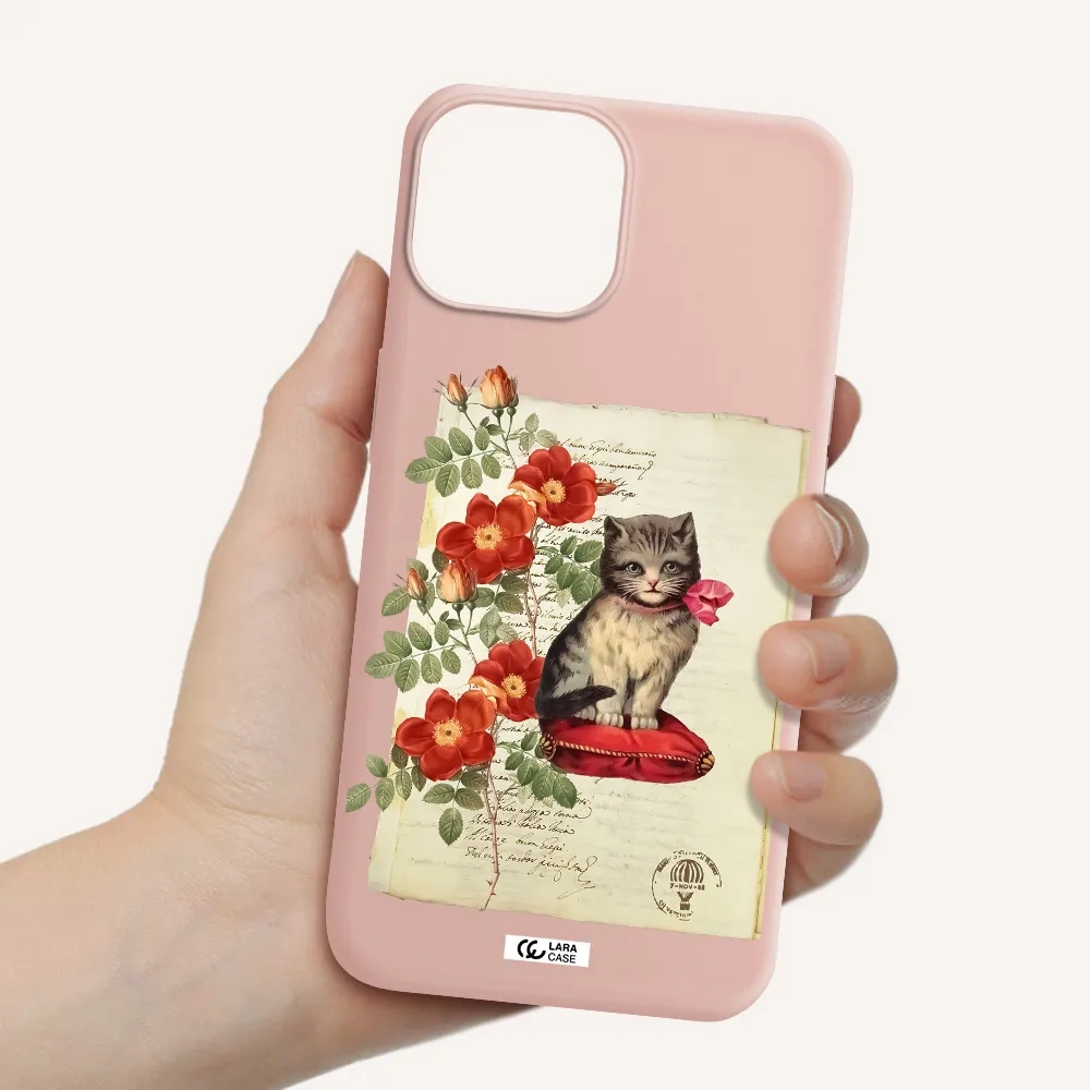 a cat on a pillow with flowers Apple iPhone 13 mini Silicone pastel pink Case