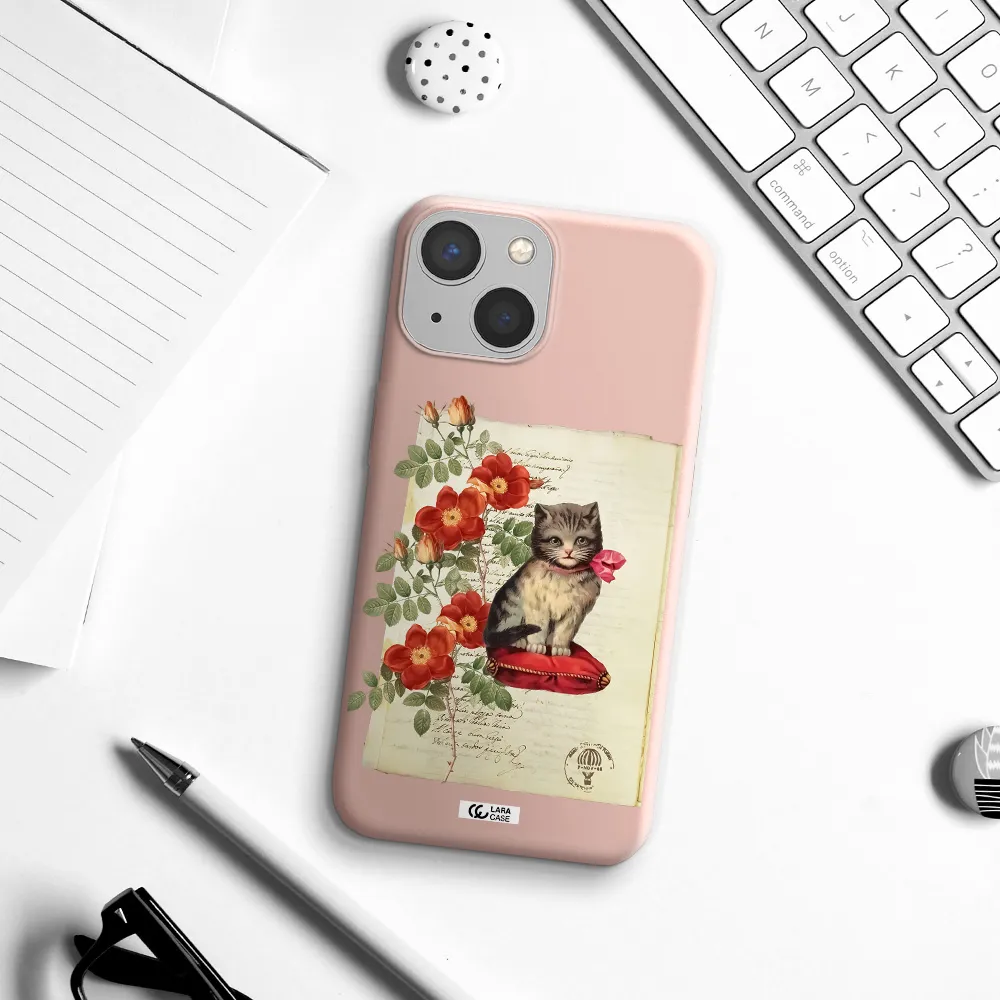 a cat on a pillow with flowers Apple iPhone 13 mini Silicone pastel pink Case