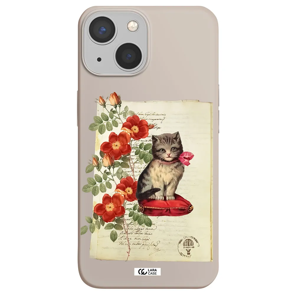 a cat on a pillow with flowers Apple iPhone 13 mini Silicone Stone Case