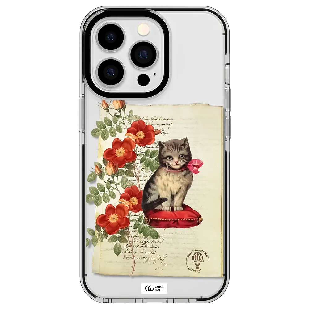 a cat on a pillow with flowers Apple iPhone 13 Pro impact black border Case