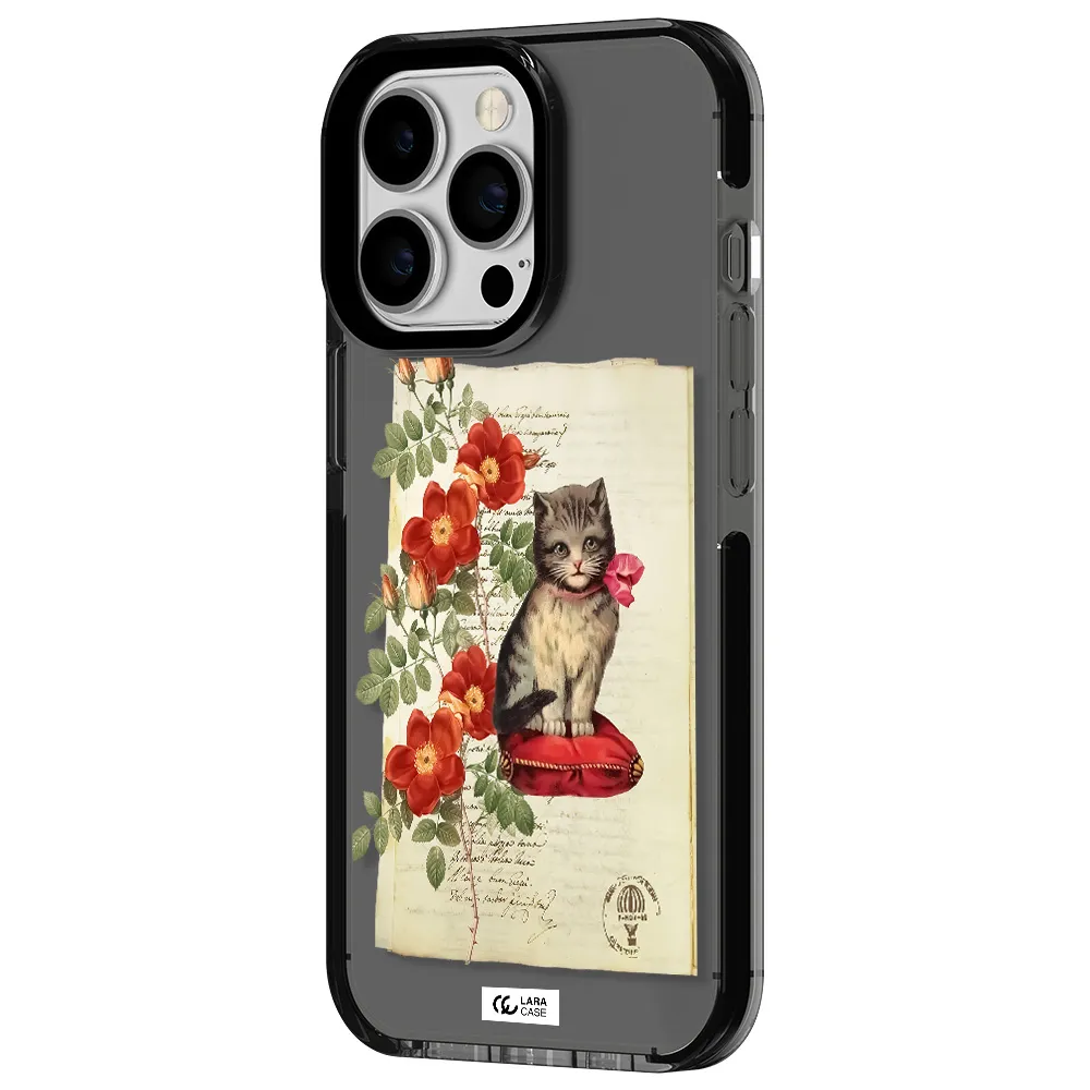 a cat on a pillow with flowers Apple iPhone 13 Pro impact Smoke Black Case