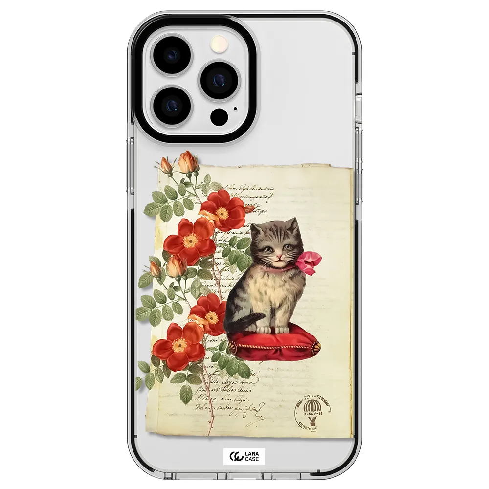 a cat on a pillow with flowers Apple iPhone 13 Pro Max impact black border Case
