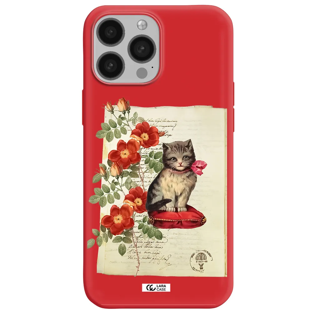 a cat on a pillow with flowers Apple iPhone 13 Pro Max Silicone Imperial Red Case