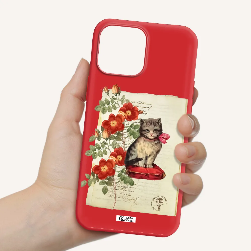 a cat on a pillow with flowers Apple iPhone 13 Pro Max Silicone Imperial Red Case
