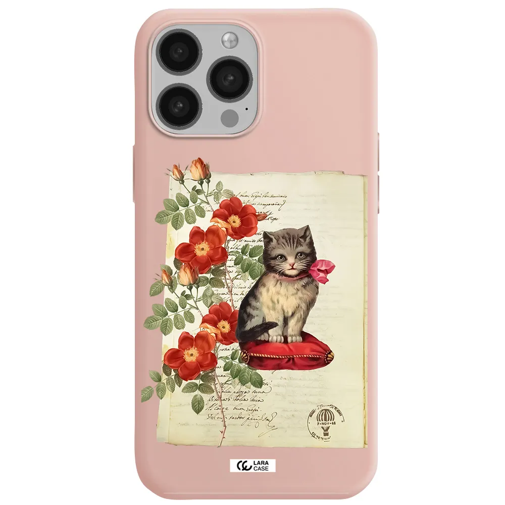a cat on a pillow with flowers Apple iPhone 13 Pro Max Silicone pastel pink Case
