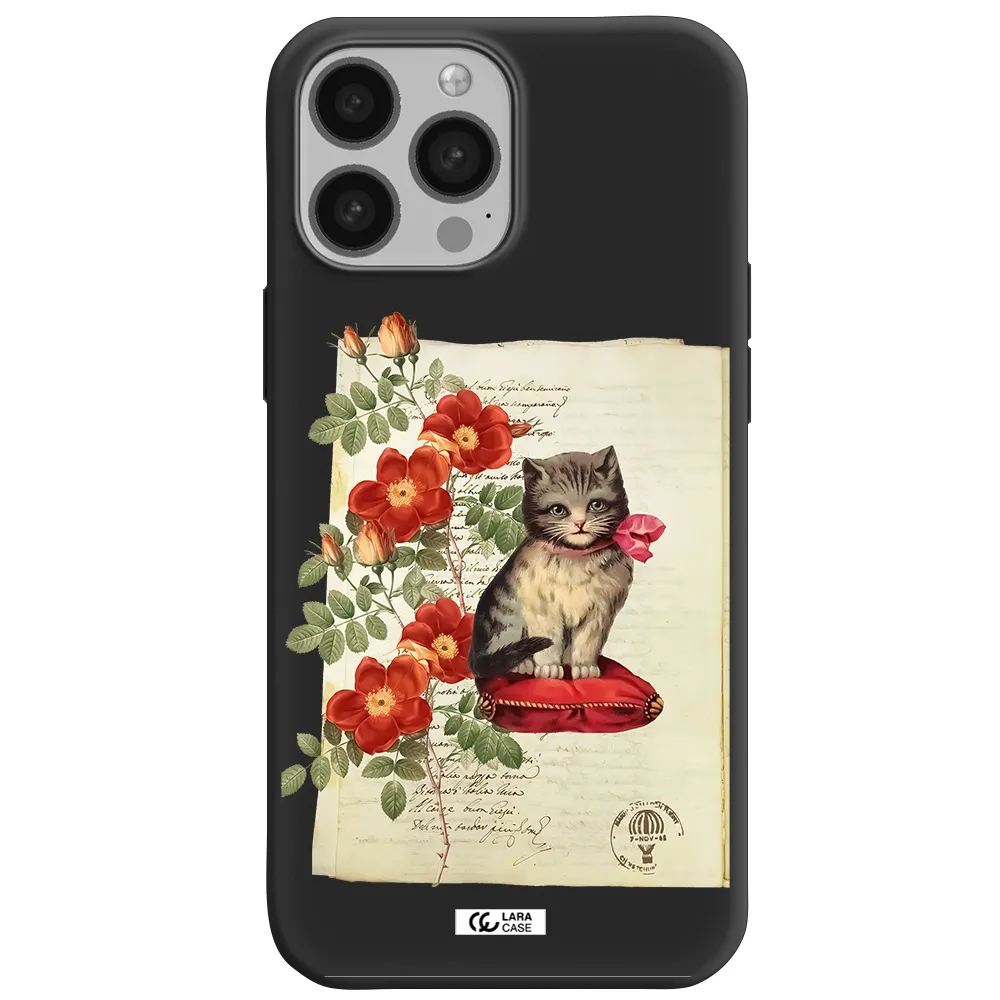 a cat on a pillow with flowers Apple iPhone 13 Pro Silicone black Case