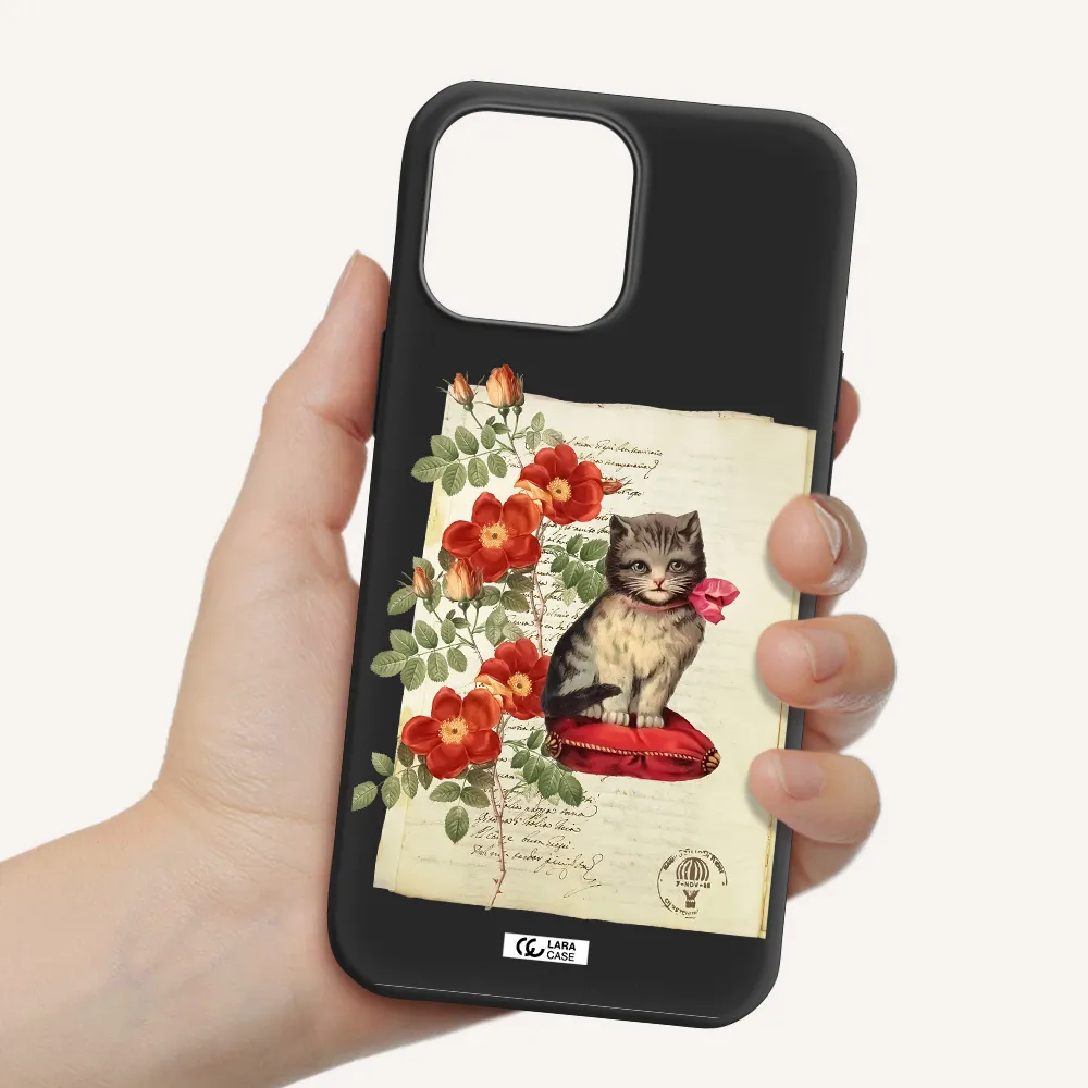 a cat on a pillow with flowers Apple iPhone 13 Pro Silicone black Case