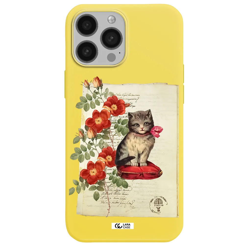 a cat on a pillow with flowers Apple iPhone 13 Pro Silicone canary yellow Case