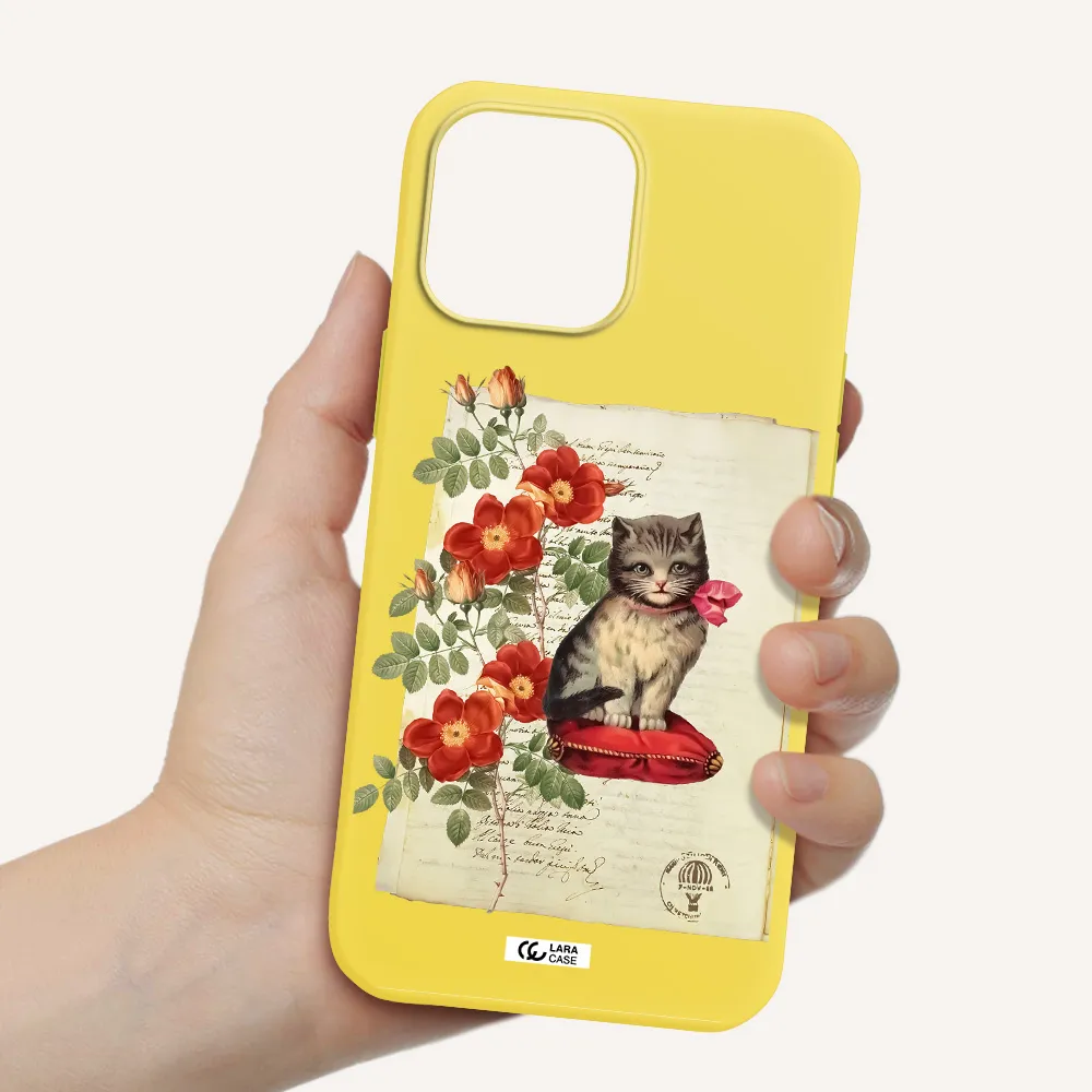 a cat on a pillow with flowers Apple iPhone 13 Pro Silicone canary yellow Case