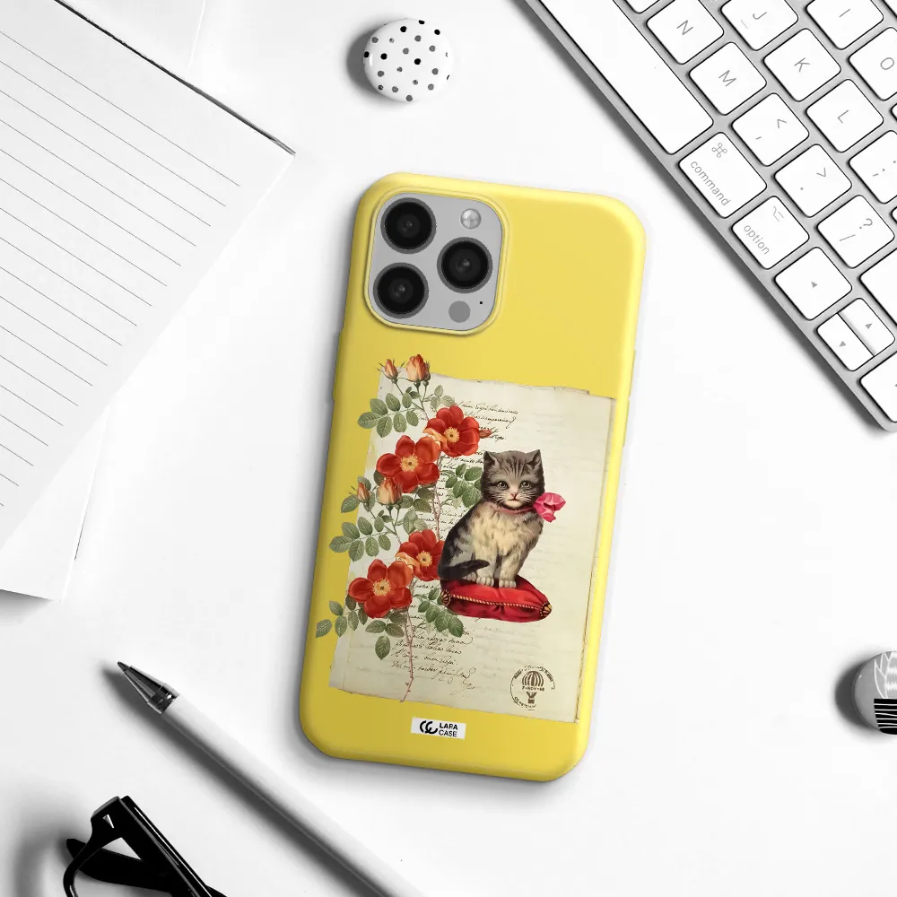 a cat on a pillow with flowers Apple iPhone 13 Pro Silicone canary yellow Case