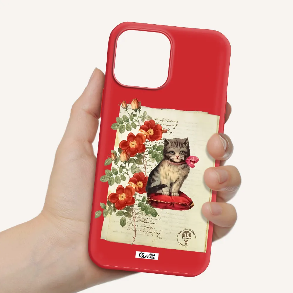 a cat on a pillow with flowers Apple iPhone 13 Pro Silicone Imperial Red Case