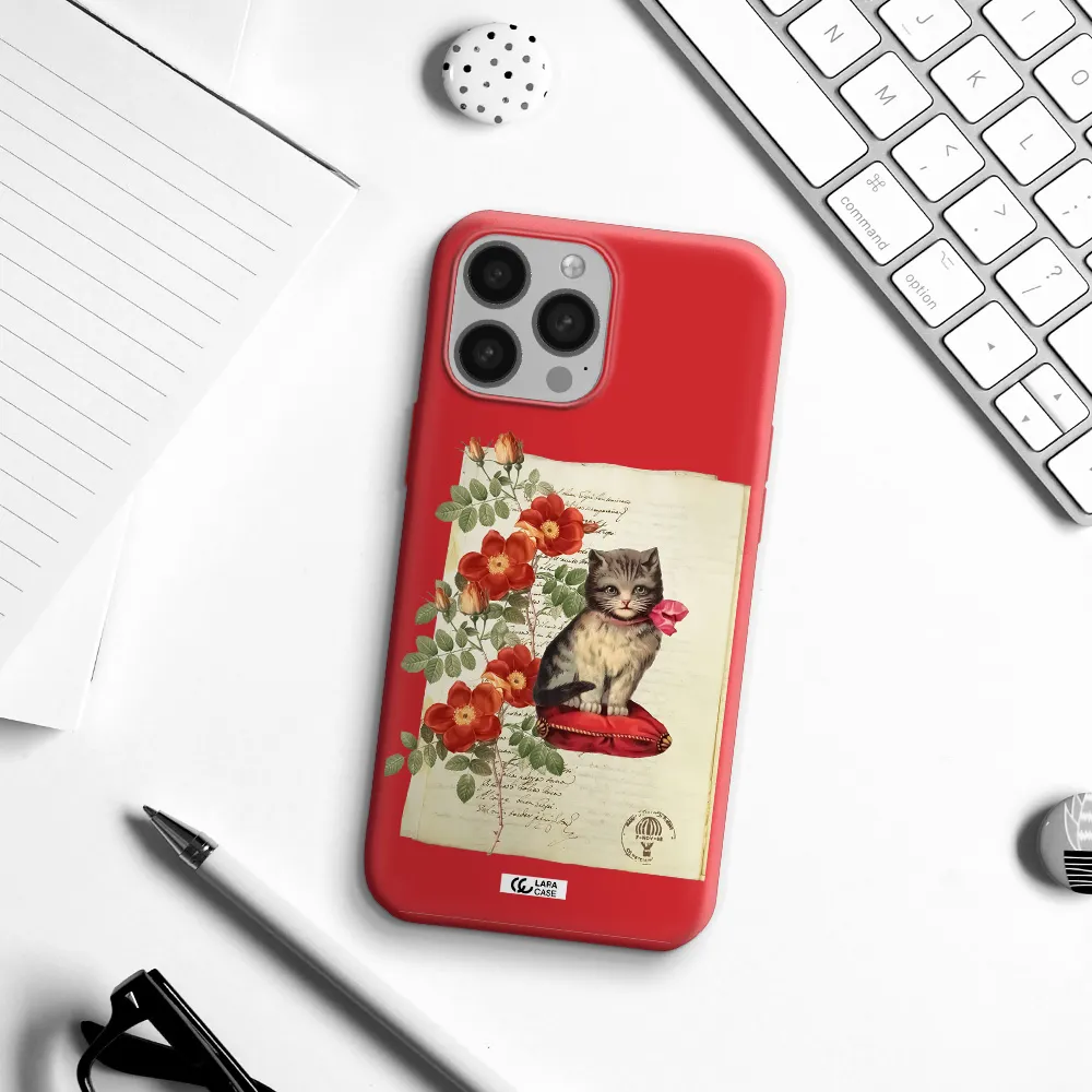 a cat on a pillow with flowers Apple iPhone 13 Pro Silicone Imperial Red Case