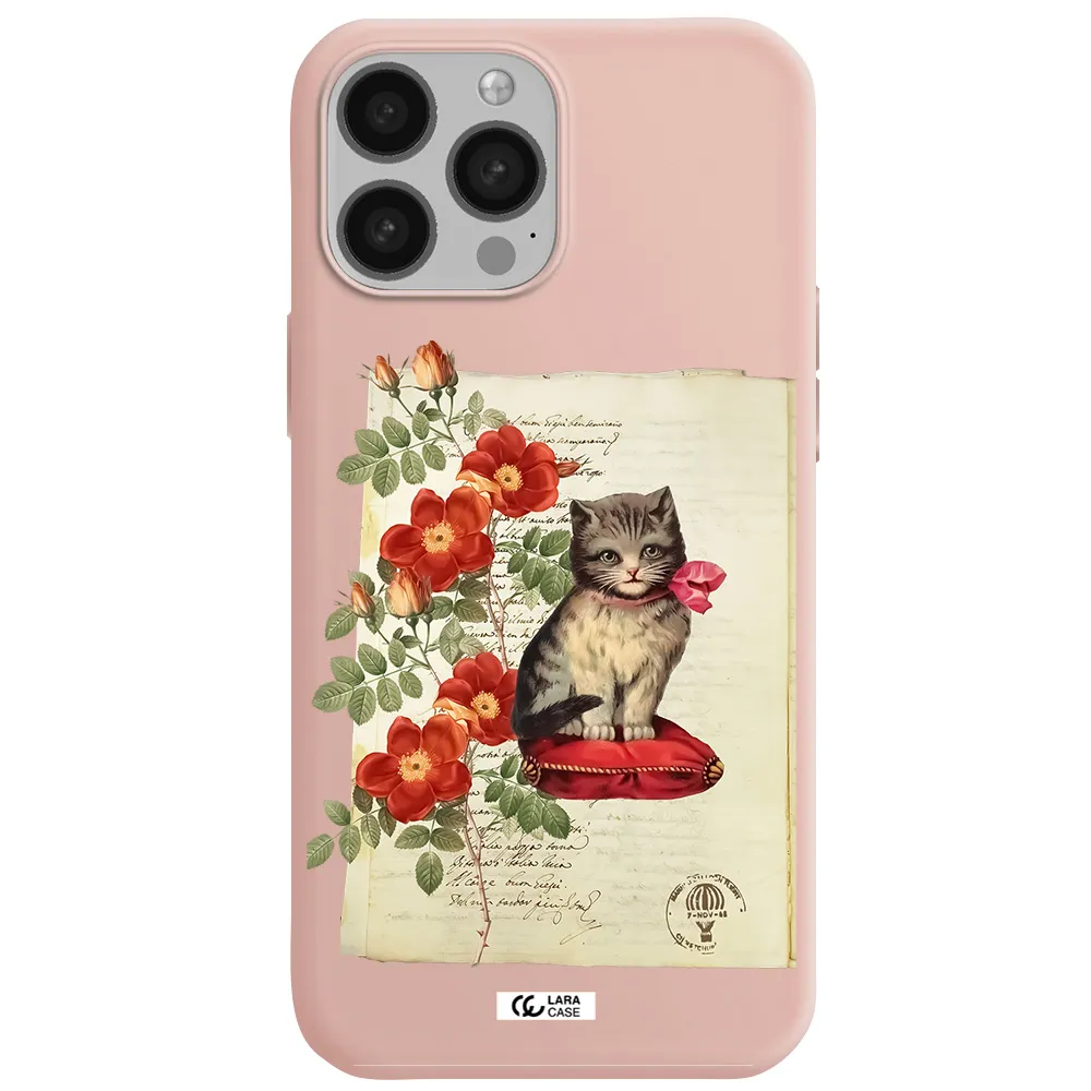 a cat on a pillow with flowers Apple iPhone 13 Pro Silicone pastel pink Case
