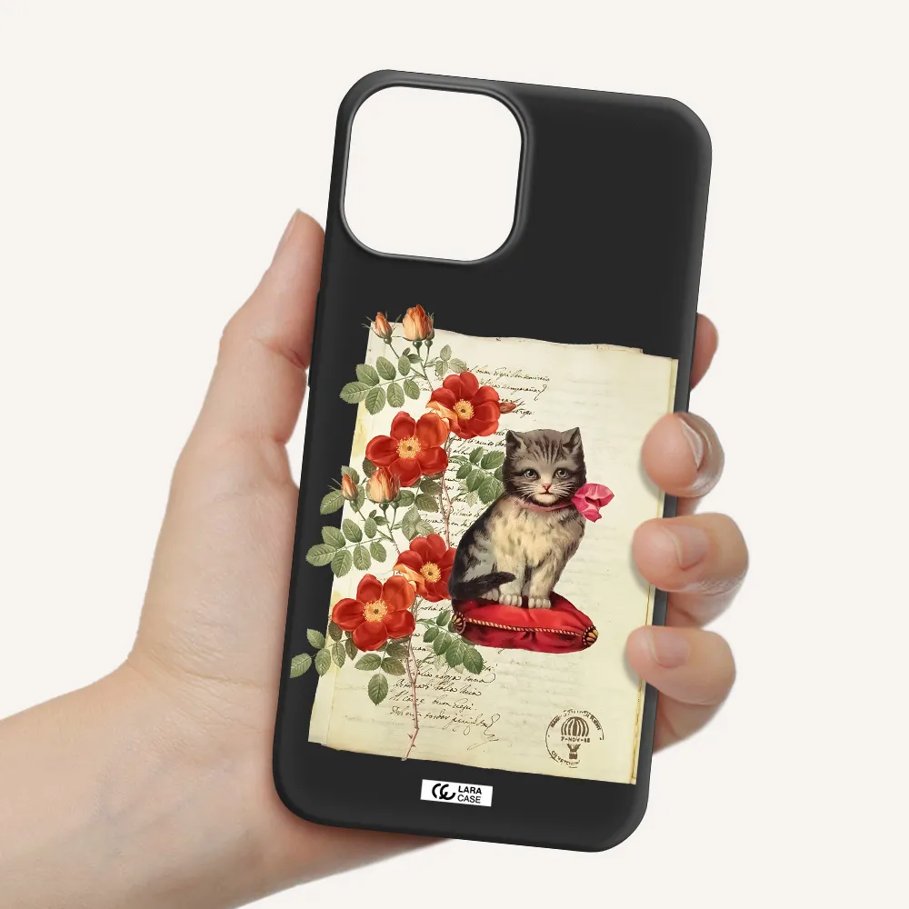 a cat on a pillow with flowers Apple iPhone 13 Silicone black Case