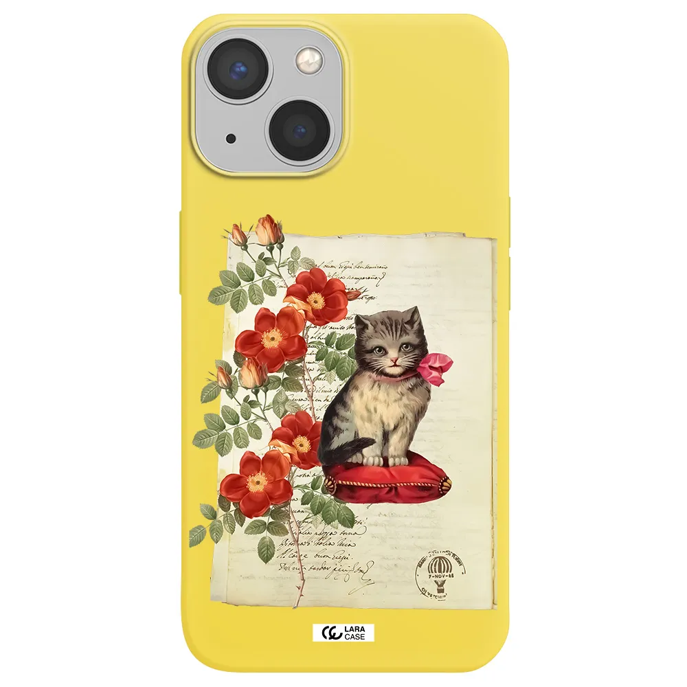 a cat on a pillow with flowers Apple iPhone 13 Silicone canary yellow Case