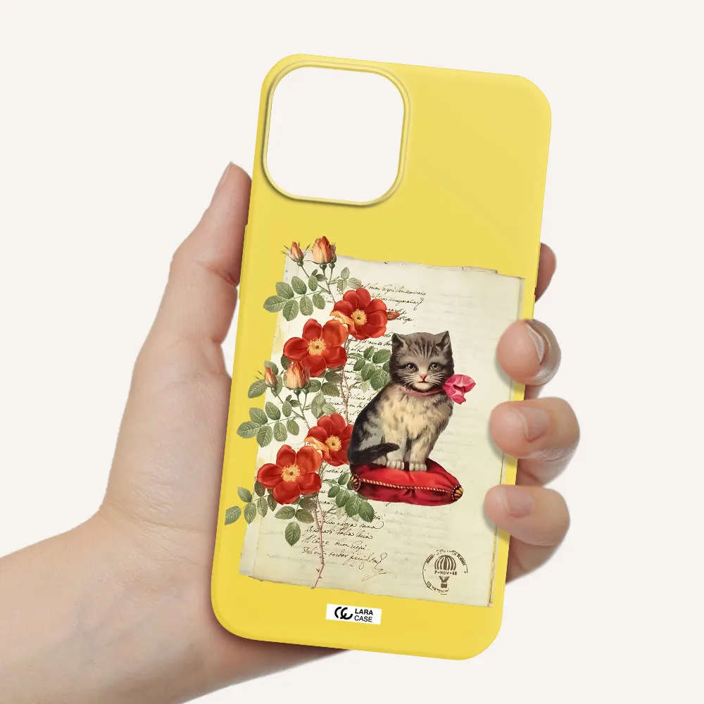 a cat on a pillow with flowers Apple iPhone 13 Silicone canary yellow Case