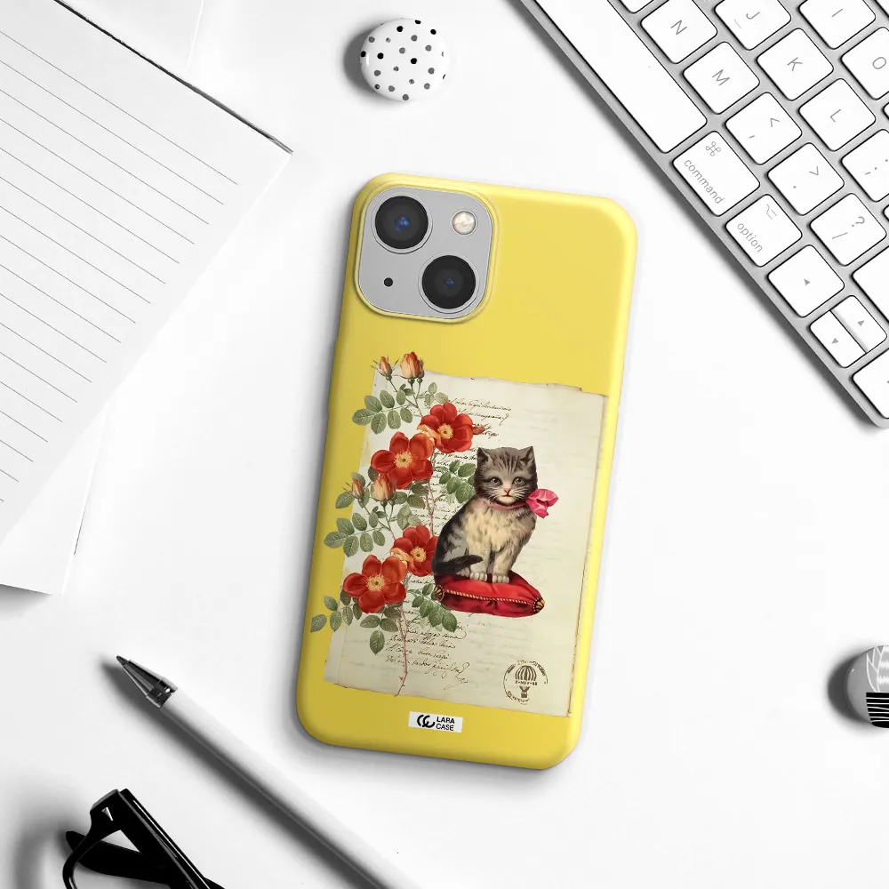 a cat on a pillow with flowers Apple iPhone 13 Silicone canary yellow Case