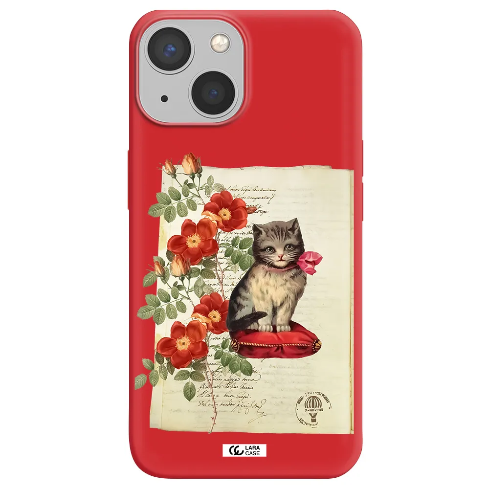 a cat on a pillow with flowers Apple iPhone 13 Silicone Imperial Red Case