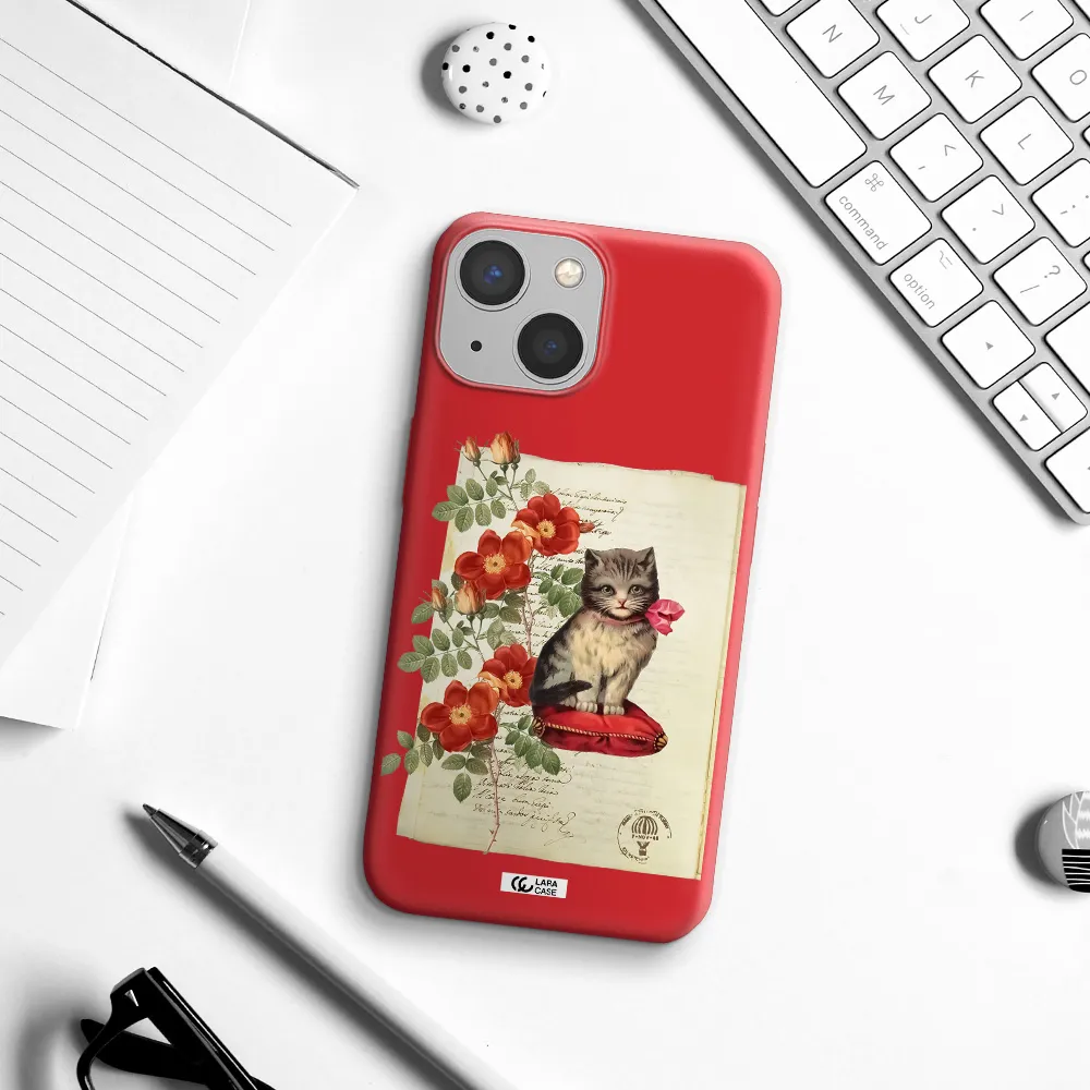 a cat on a pillow with flowers Apple iPhone 13 Silicone Imperial Red Case