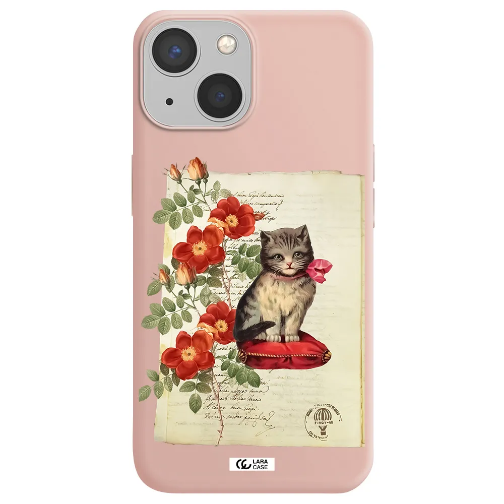 a cat on a pillow with flowers Apple iPhone 13 Silicone pastel pink Case