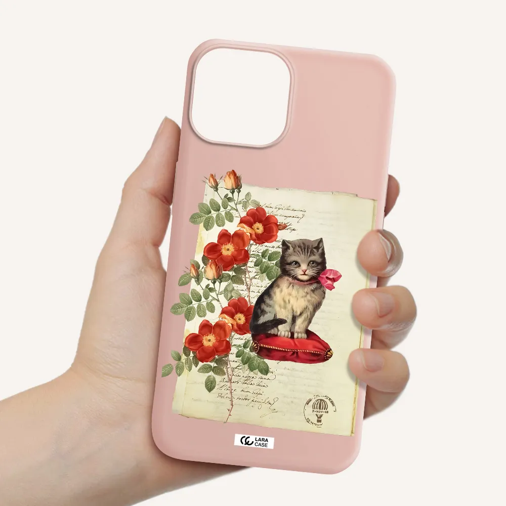 a cat on a pillow with flowers Apple iPhone 13 Silicone pastel pink Case