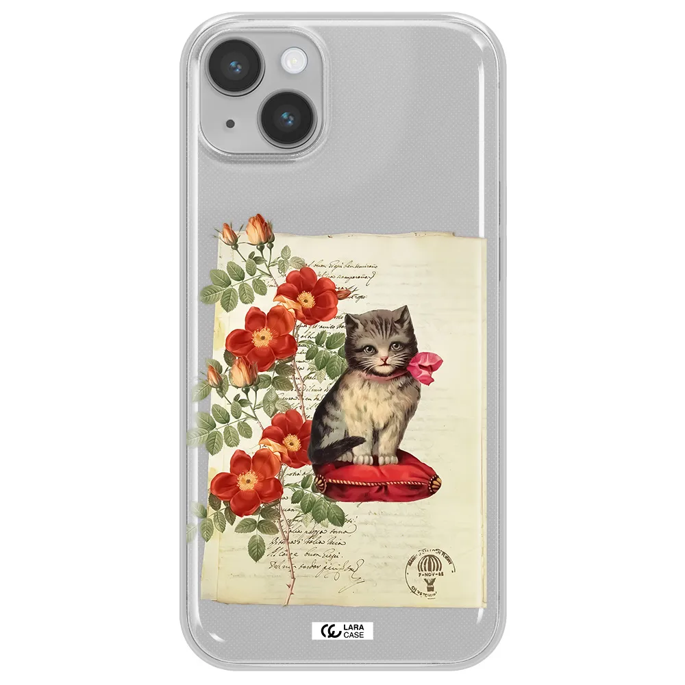 a cat on a pillow with flowers Apple iPhone 14 Clear TPU Case