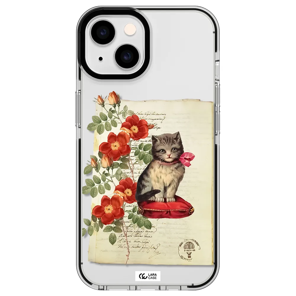 a cat on a pillow with flowers Apple iPhone 14 impact black border Case